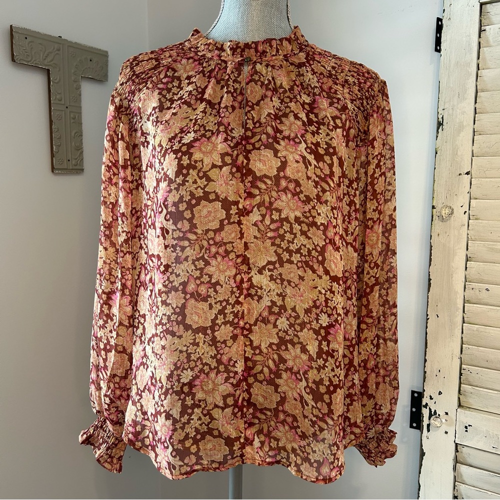 Joie mock neck poet style semi-sheer blouse size large pink floral print